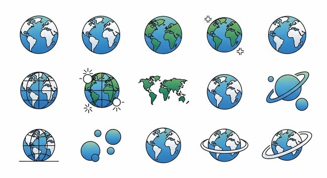 A collection of various Earth and globe icons, depicting different views and representations of our planet and celestial bodies.