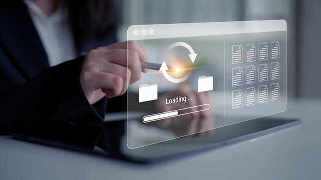 File synchronization or loading interface with progress bar, folders, and documents, symbolizing data backup, transfer, and system update Parse - Powered by Adobe