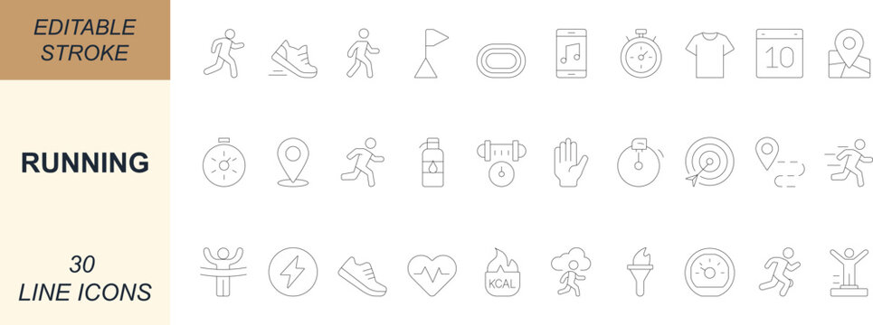 Running icon set. With minimal line art designs of jogging, marathon, sprint, stopwatch, pace, track, and fitness. Perfect for apps, web, health, sports, and UI projects. Editable stroke. 