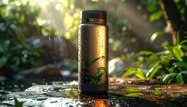 Metallic water bottle with fresh droplets, nestled in a lush, sunlit forest environment beside a clear stream, promoting sustainable hydration and connection to nature