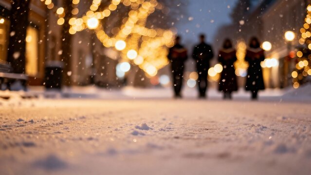 People walking through snow while snowing at night adorned with lights for Christmas and New Year  