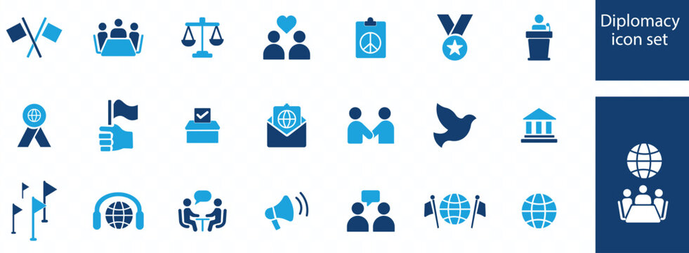 Diplomacy featuring peaceful, mutual respect, politics, medal, country, pacifism, international law, vote, economy, embassy icon set