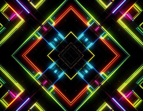 Geometric glowing symmetrical neon diamond pattern on black