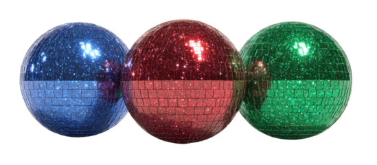 Three glittering easter eggs in blue red and green isolated on transparent background