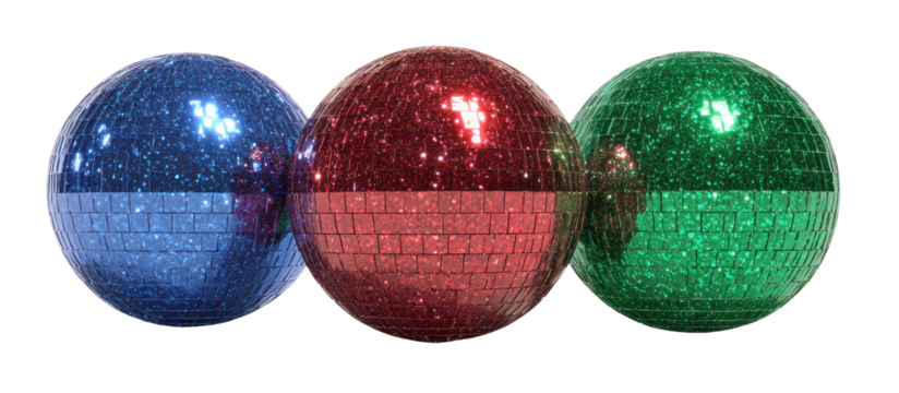 Three glittering easter eggs in blue red and green isolated on transparent background