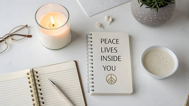 A notebook with inspirational peace quote on a bright desk