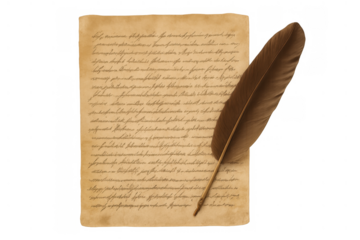 Quill pen lying on aged parchment paper with handwritten script, symbolizing history, communication, and vintage correspondence