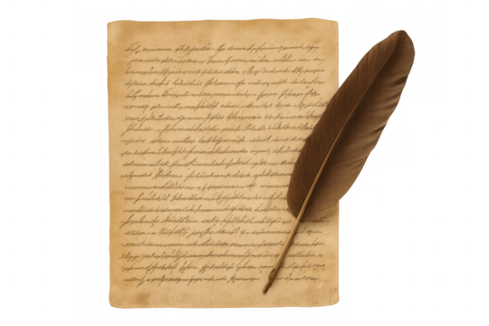 Quill pen lying on aged parchment paper with handwritten script, symbolizing history, communication, and vintage correspondence