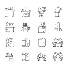office furniture icons depicting modern workspaces collaborative meeting spaces and private pods promoting flexible work environments and employee well-being