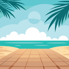 Tropical Beach Scene with Wooden Walkway and Palm Fronds