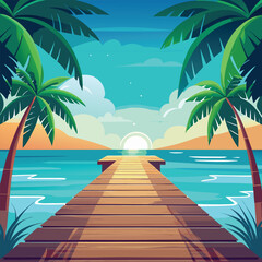 Tropical Pier at Sunrise with Palm Trees ocean