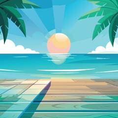 Tropical Beach Sunrise Over Wooden Pier and Palm Trees