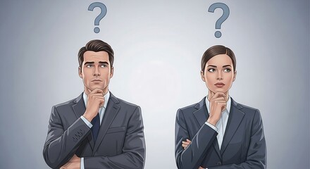 Confused business people pondering decision standing in contemplation against a gray backdrop conceptualizing strategic planning and problem-solving.