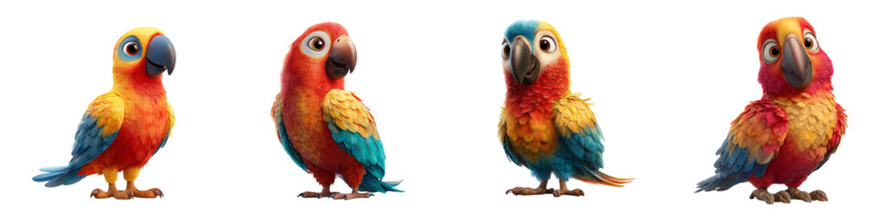 Adorable cartoon parrots with vibrant plumage, perfect for children's books or cheerful designs, bringing a touch of tropical charm and playful energy to any project