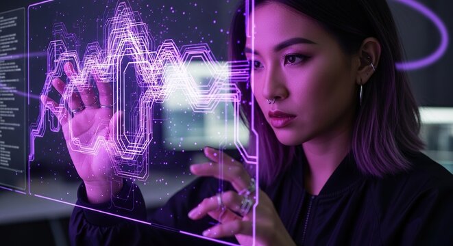 A hyper-realistic portrait of an Asian AI artist creating abstract visual code art. Neon purple tones, creative energy