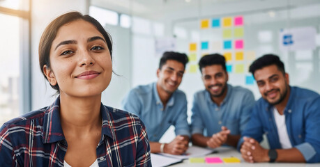 Young startup team brainstorming in modern office with glass wall
