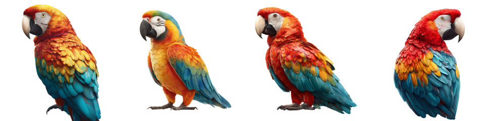 Vibrant collection of colorful macaw parrots, brilliantly plumaged tropical birds in stunning detail showcasing exotic wildlife, perfect for nature and animal themes