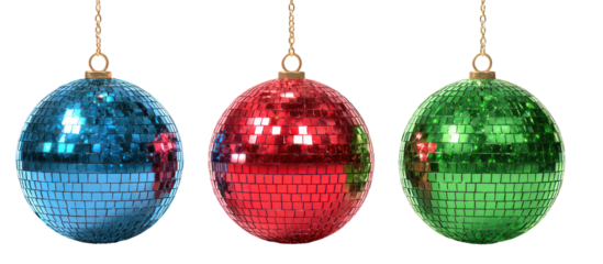 Three oval shaped christmas ornaments in blue red and green isolated on transparent background