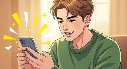 excited man using smartphone browsing social media with a cheerful expression in a bright room perfect for tech blogs and lifestyle articles