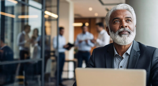 Thoughtful senior manager strategizing with laptop in busy office environment