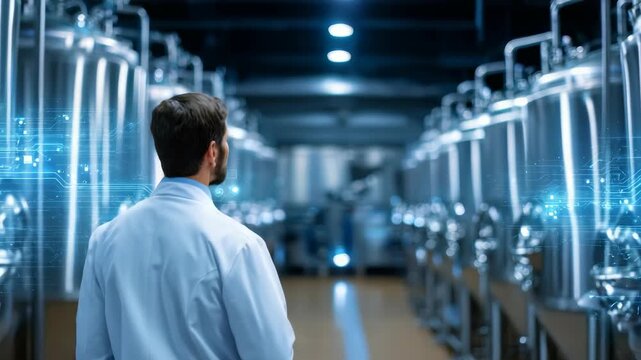 A researcher monitors high tech bioreactors in a futuristic industrial facility, surrounded by glowing digital interfaces. The scene emphasizes innovation and smart manufacturing processes