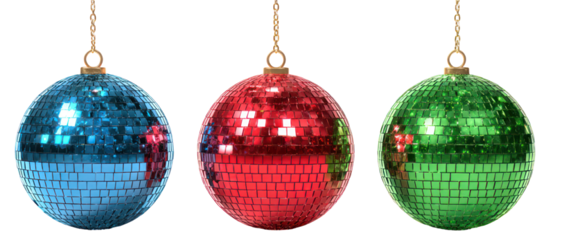 Three oval shaped christmas ornaments in blue red and green isolated on transparent background