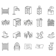 baby furniture icons outlined drawings of a nursery with cots rocking horses changing tables and tables for use in designs for childrens stores