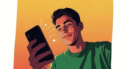 Smiling man using phone connecting with friends online in a bright modern style promoting easy communication and digital lifestyle concepts.