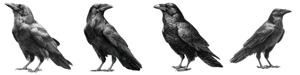 Eerie flock of ravens in monochrome, perfect for Halloween graphics or gothic designs, adding a touch of mystery and intrigue to your creative projects