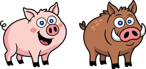 Cartoon pig and wild boar side by side, cute farm animal and forest creature, kids illustration, playful, colorful design