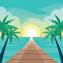 Tropical Pier Leading to a Bright Sun Over the Ocean