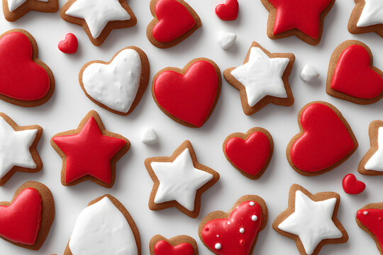 Colorful decorated cookies in the shape of hearts, stars, and circles for celebrations