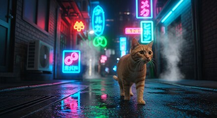 ginger cat walking in a neon cyberpunk alleyway reflecting city lights on the wet pavement perfect for urban lifestyle and tech blogs