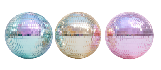 Three colorful disco ball easter eggs isolated on transparent background