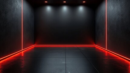 Futuristic Dark Room with Neon Red Lights and Modern Architecture