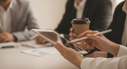 Hands Using Digital Tablet with Stylus in Meeting: Business Technology and Collaboration