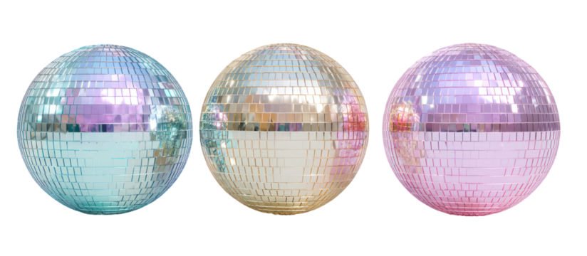 Three colorful disco ball easter eggs isolated on transparent background