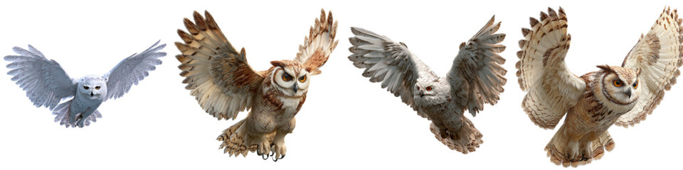Naklejka premium Majestic owls soaring in flight, a symbol of wisdom and freedom, perfect for nature documentaries, educational materials, and wildlife conservation campaigns