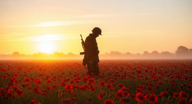 Solemn soldier silhouette in poppy field during a misty sunrise