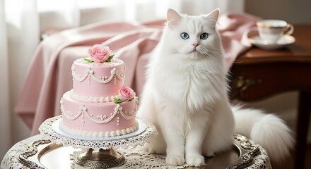 Smiling cartoon cat with colorful birthday banner, festive balloons, joyful pastel background, digital art, cute illustration