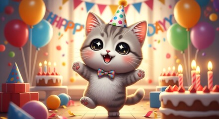 Happy kitten with birthday hat, smiling expression, pastel background, cute illustration style, soft lighting, joyful theme
