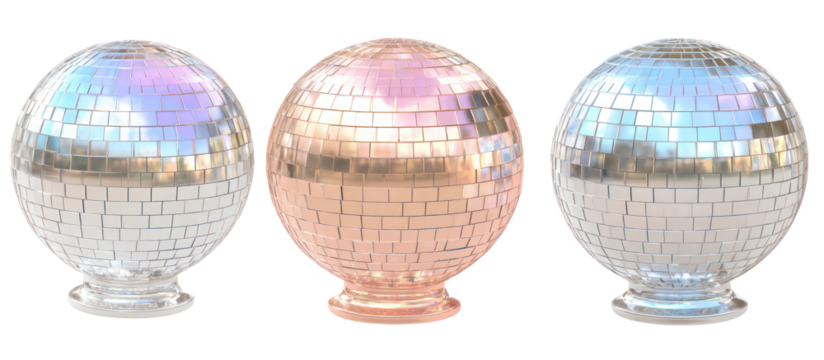 Three iridescent decorative finials isolated on transparent background