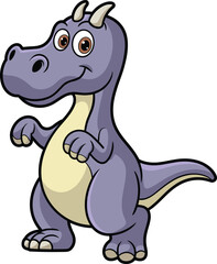 Cartoon purple dinosaur with beige belly, small horns, friendly smile, kids illustration, fantasy creature, playful pose, fun character design