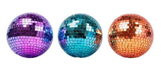 Three disco balls in purple blue and orange isolated on transparent background
