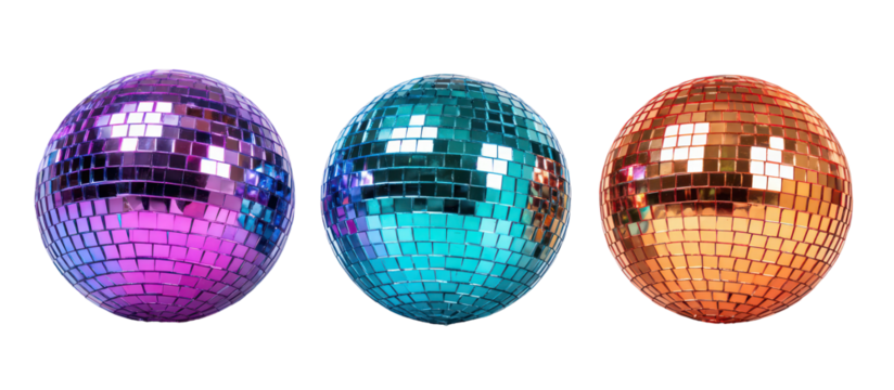 Three disco balls in purple blue and orange isolated on transparent background