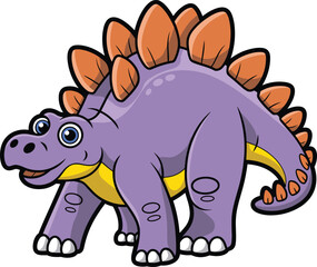 Cartoon purple dinosaur with orange plates, smiling stegosaurus character, friendly prehistoric animal, kids illustration, educational, fun, colorful design