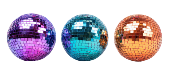Three disco balls in purple blue and orange isolated on transparent background