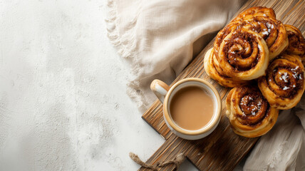 Cinnamon rolls with coffee on rustic board
