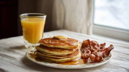 Classic breakfast with pancakes, bacon and orange juice
