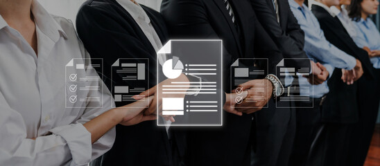 A diverse group of professionals stands in line, embodying team collaboration, while overlaid graphics suggest document management and technology integration in a business environment. Trope